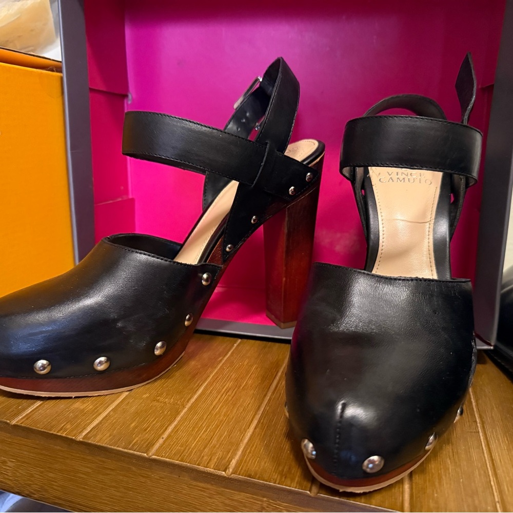 Vince Camuto Black Leather Mules with Wooden Heel